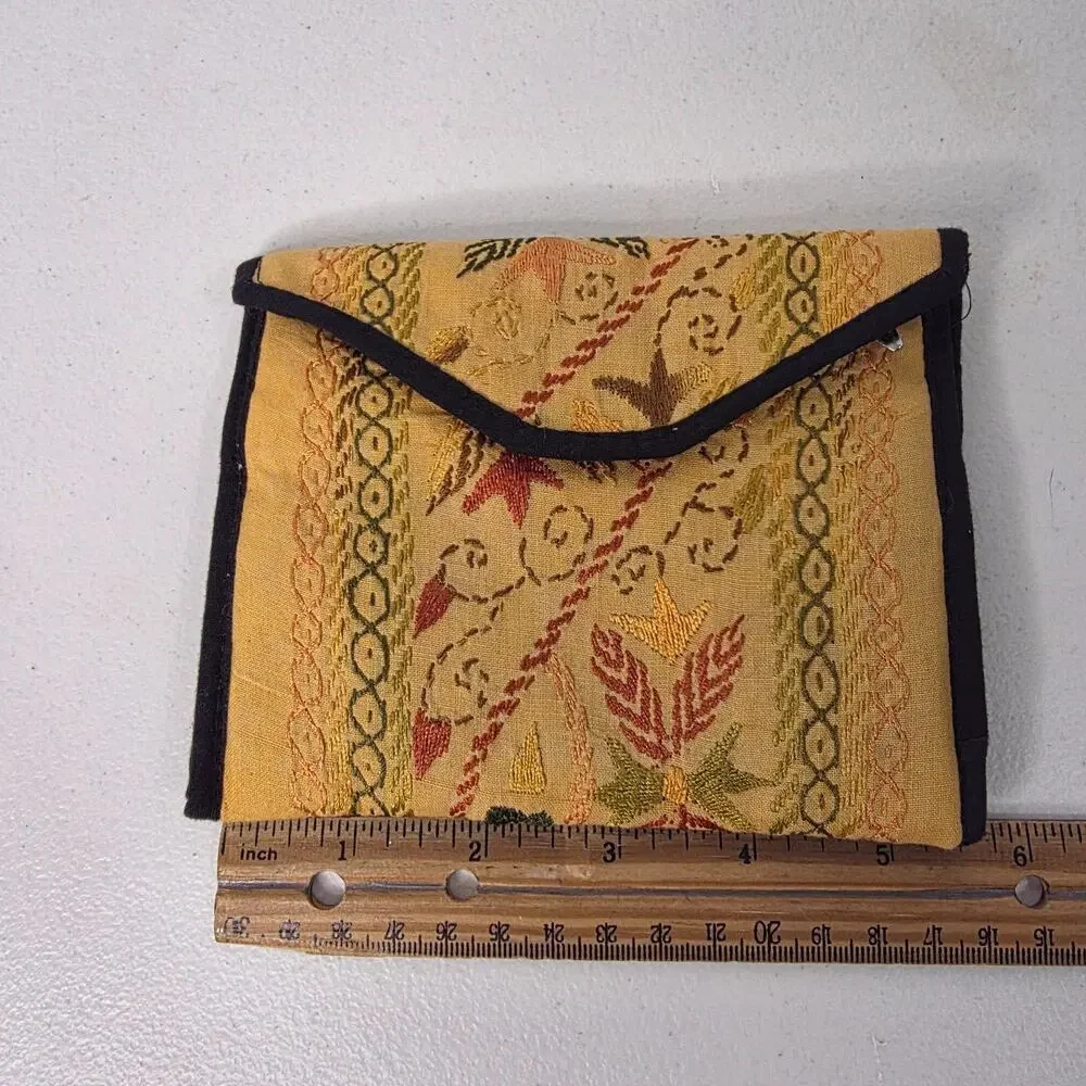 Vintage Embroidered Fabric Wallet Coin Purse Floral Foldover Snap Pouch Boho